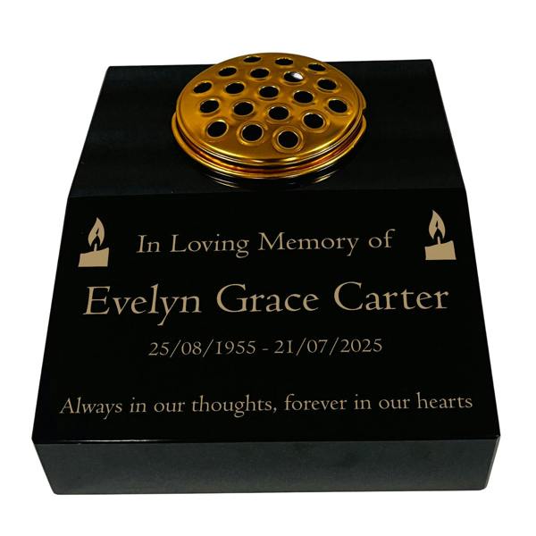 Memorials Direct Black Granite Sloping Memorial Desk with Vase – Candle Design, Free Gold Engraving