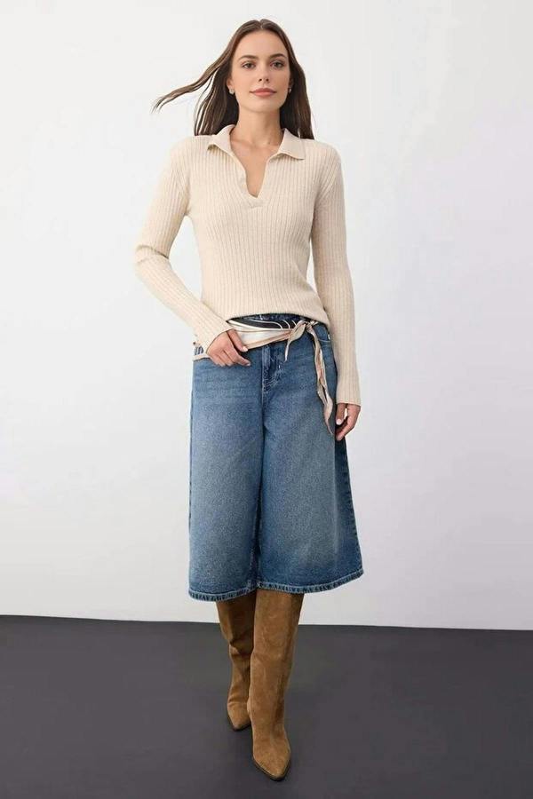 WOVCOR Polo Collar Ribbed Knit Sweater