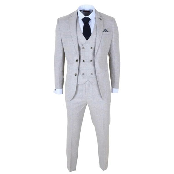 Robert Simon Luis - Men's Cream Plaid Check Slim Fit 3 Piece Suit