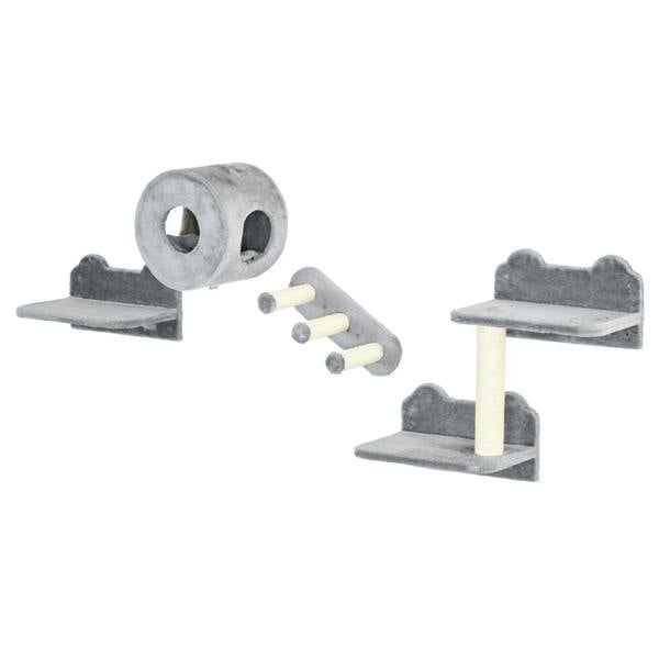 Grey wall-mounted cat tree set with circular tunnel, platforms, and steps