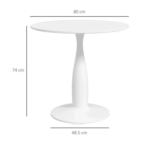White round table with single pedestal base, shown with height and width measurements
