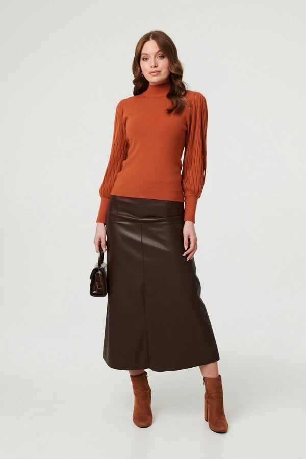 Rust | High Neck Textured Long Sleeve Jumper
