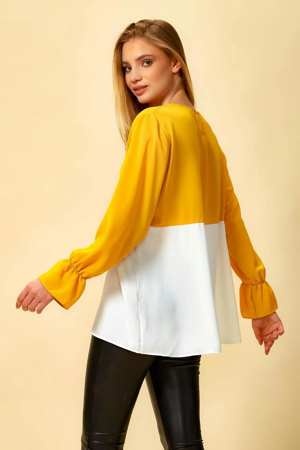 Hoxton Gal Long Sleeve Relaxed Fit Block Top with Necklace In Yellow and White