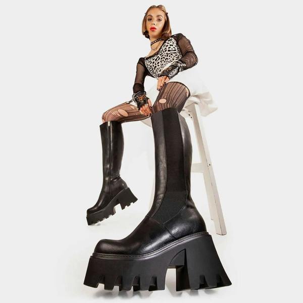 Lamoda For You Black PU Chunky Platform Knee High Boots Gothic Festival