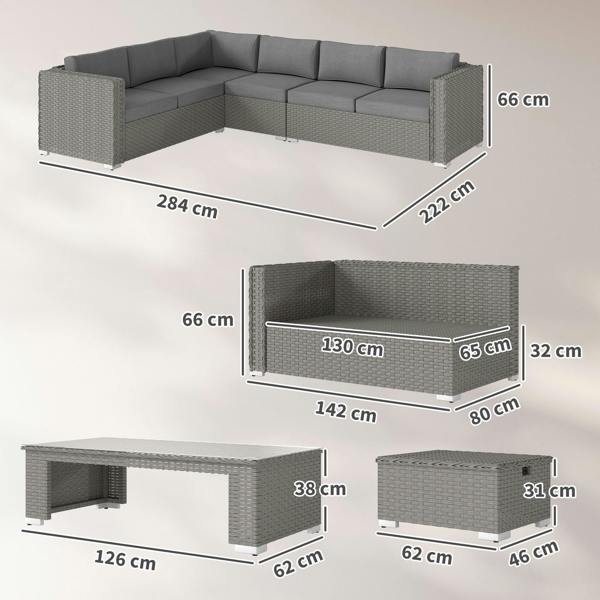 Wyld Haus Rava Faux Rattan Grey 8 Seater Corner Sofa Set With Glass Coffee Table And Footstools