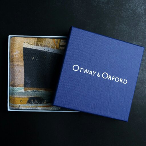 Otway & Orford 'Into the Storm' ocean liner silk pocket square in green, gold, off-white & black (42 x 42cm)