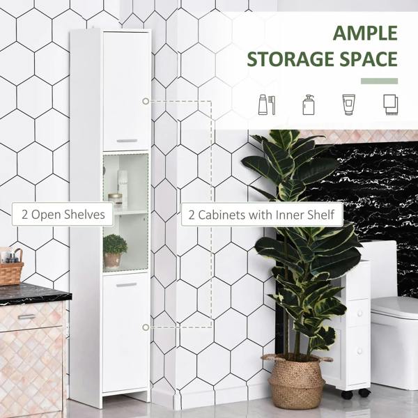 White tall bathroom storage cabinet with open shelves and inner shelf cabinet sections.