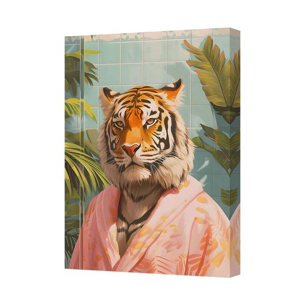 Benjamin Tate Design Tiger Portrait In Pink Robe Canvas Print With Tropical Foliage