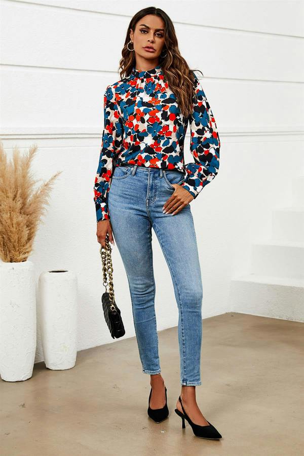 FS Collection Floral Print Long Sleeve High Neck Top In Blue