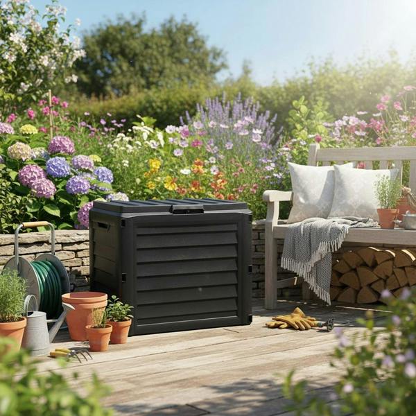 Gr8 Garden 140L Anthracite Plastic Garden Storage Box with Lid for Cushions & Tools