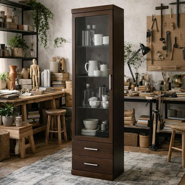 Wyld Haus Sonderborg Dark Mahogany Tall 1 Glass Door 2 Drawer Narrow Cabinet