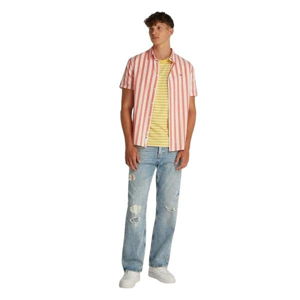 Tommy Jeans Mens Striped Linen Short-Sleeved Shirt - Ecru/Vermillion - 