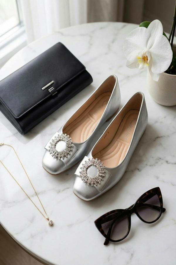 Sophie Womens Rhinestone Circle Buckle Ballet Flats - Silver