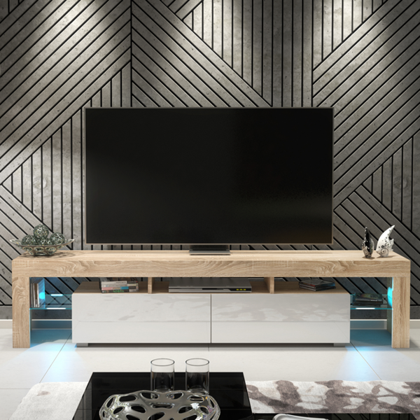 Mex Furniture Sleek 200cm Modern TV Unit  Cabinet Stand Oak High Gloss White Doors & Free LED Lights