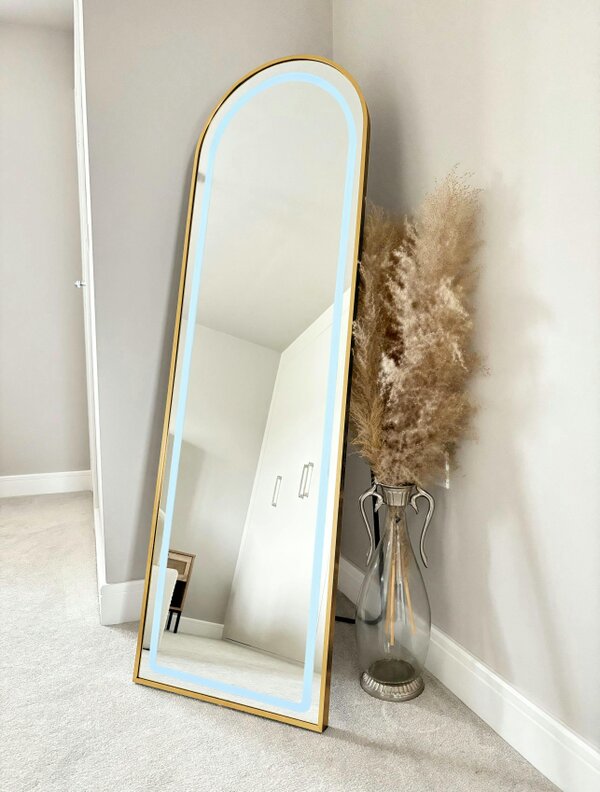 Downton Interiors Stunning Gold Arched Metal Frame LED Wall or Floor Standing Dressing Mirror 145cm x 45cm - Soho Collection