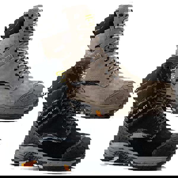 Buckbootz Blastz Tradez Mens High Leg Side Zip Up Safety Boots, pair of sturdy safety boots with side zippers and waterproof features in black and taupe colors.