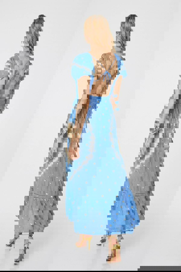 Blue | Tie Dye Print Shirred Tie Waist Midi Dress
