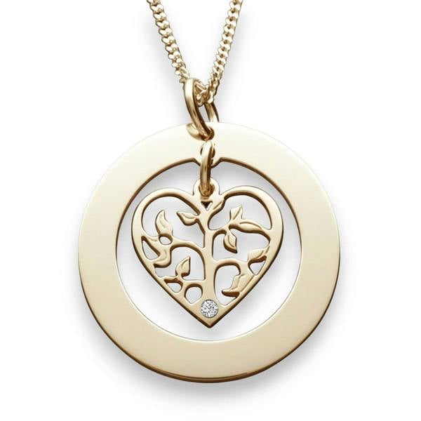 Personalisation preview 9ct Yellow Gold plated Filigree Heart Tree of Life Family Necklace With Diamond or crystal