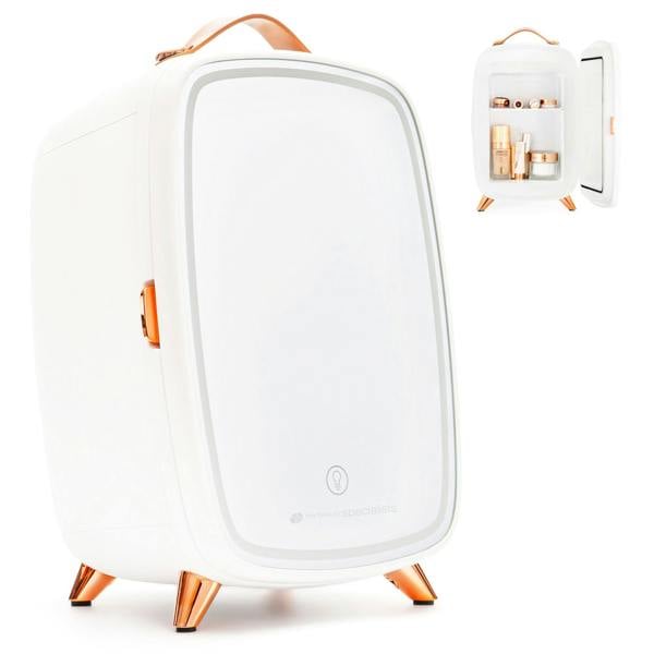 The Rio Beauty Skincare Fridge With Mirror is a sleek white mini fridge with rose gold accents and a leather handle. A closed-door main view and inset of the open fridge show chilled storage for creams and skincare on compact shelves.