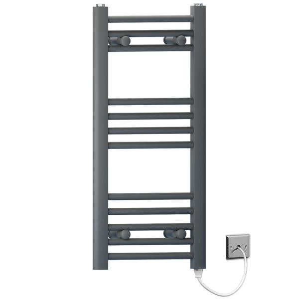 MYHOMEWARE 400mm x 700mm Anthracite Grey Flat Electric Pre-Filled Heated Towel Rail Radiator For Bathroom Designer Standard Element