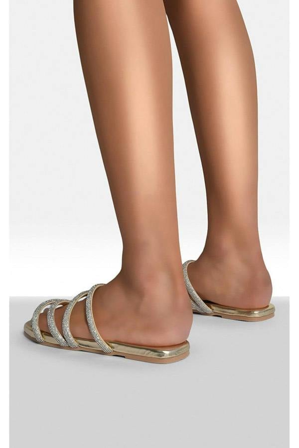 Reya Embellished Asymmetrical Strap Flat Sandals - Gold