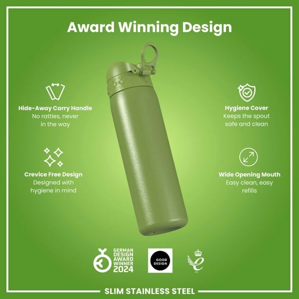 ION8 Leak Proof Slim Water Bottle, Stainless Steel, Khaki Green, 600ml (20oz)