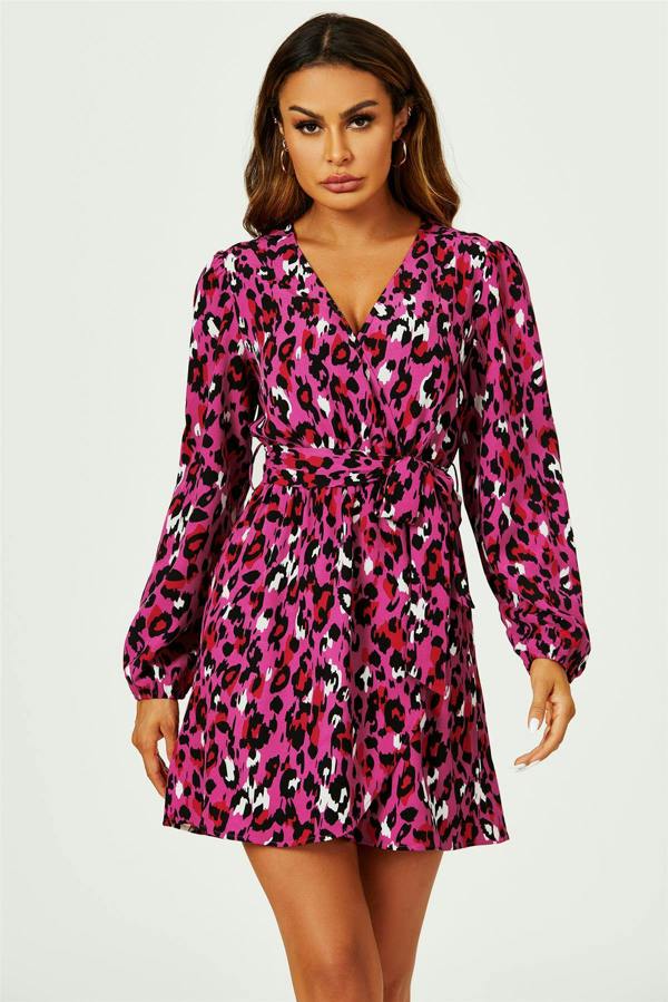 FS Collection Leopard Print Wrap Top Mini Dress In Magenta
