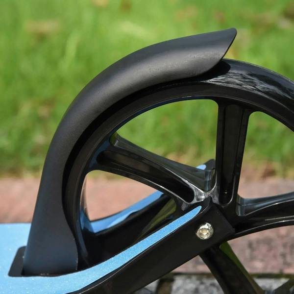 Blue-and-black front wheel and fender close-up on folding kids kick scooter