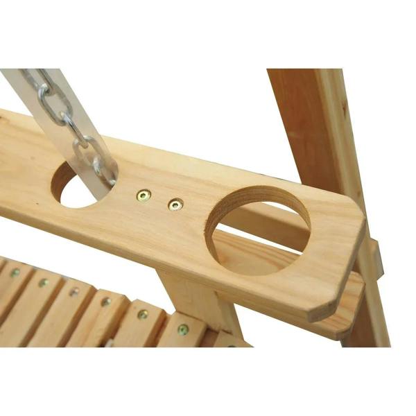 Wooden swing bench cup holder detail with metal chain link mount