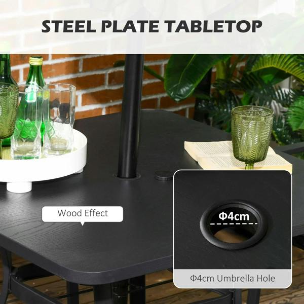 Black tabletop with wood-effect finish and 4cm umbrella hole