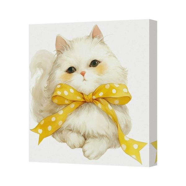 Benjamin Tate Design Whimsical White Cat Canvas Art Print With Yellow Polka Dot Bow