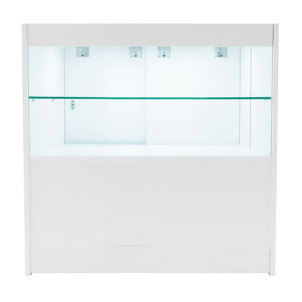 Sleek white Selene LED shop counter set with two glass shelves, illuminated interior, and modern design for retail display
