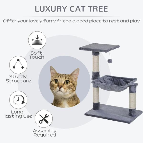Grey cat tree with hammock bed, dangling ball, and carpeted platforms