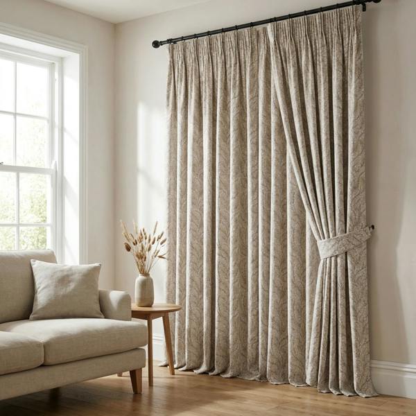 Sadie made-to-measure curtains in Natural, styled in a living room