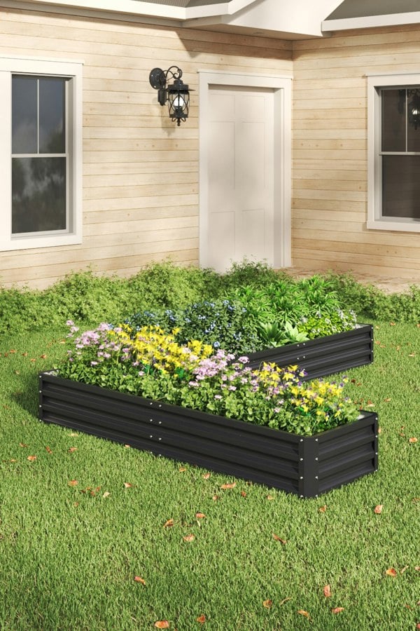Living and Home L-Shaped Galvanized Steel Raised Garden Bed Charcoal Black
