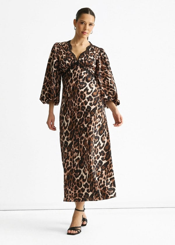 Gini London Brown Animal Lace Trim Satin Bias Midi Dress