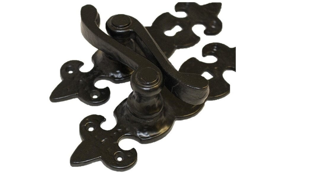 EDH Door Hardware Black Cast Iron Fleur-de-Lys Lever Lock Door Handles  Ornate Antique Internal