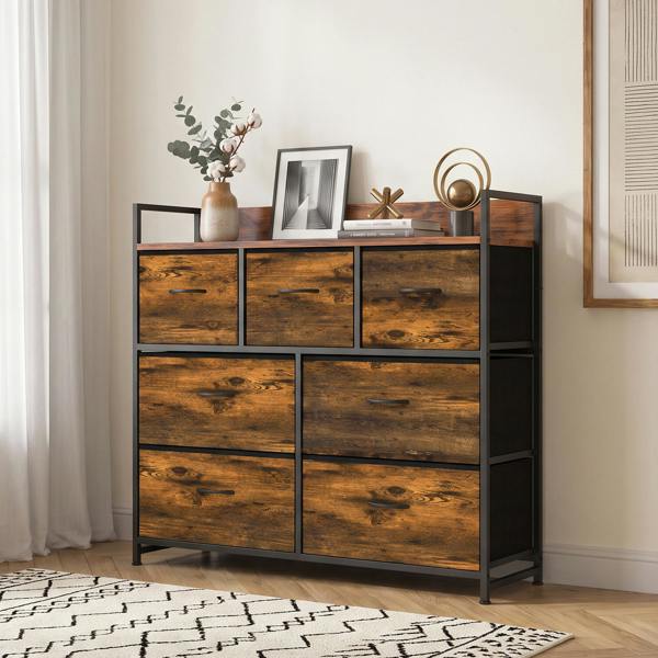 HOMCOM 7 Drawer Chest of Drawers with Top Shelf and Steel Frame Rustic Brown