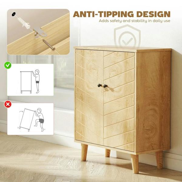 Natural wood cabinet with anti-tipping strap, double doors with round knobs, pine legs