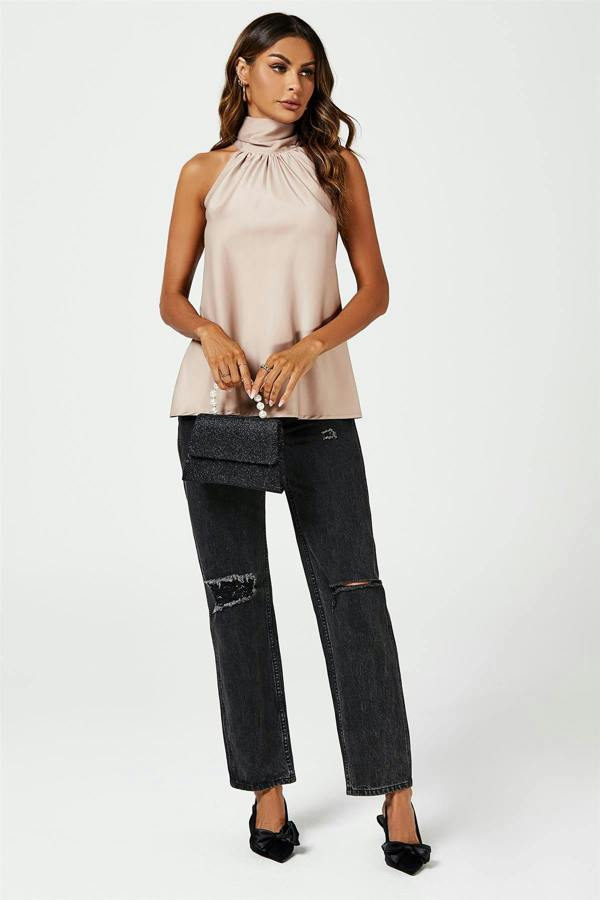 FS Collection Satin Halter Neck Tie Back Top In Light Brown