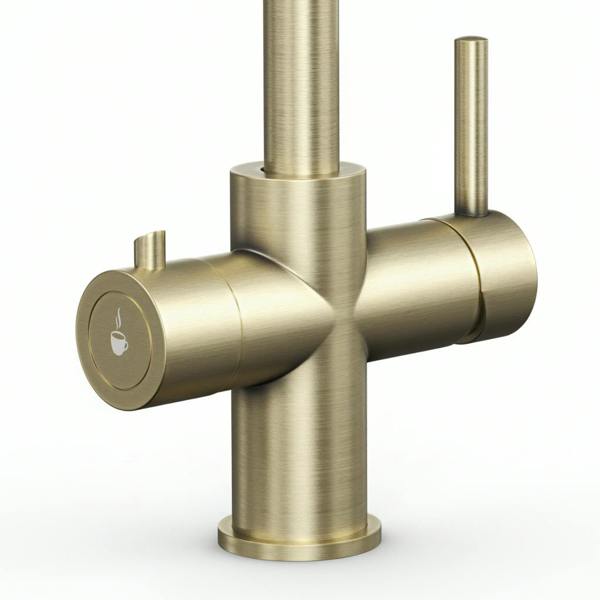 Brushed brass boiling hot water tap on a white background
