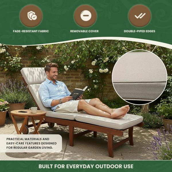 Steamer Chair Cushion – Outdoor Garden Seat Pad with 6cm Padding, Washable Cover & Adjustable Straps, Beige, 49cm Wide