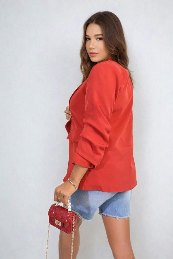 Valerie Ruched Sleeve Open Front Blazer Jacket With Front Pockets - Red