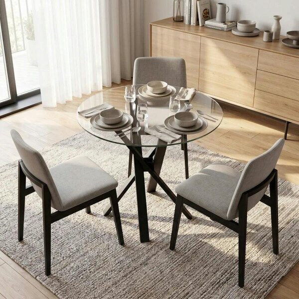 Round Dining Table for 4, 80cm Modern Kitchen Table with Tempered Glass Top and Cross Steel Legs, Clear