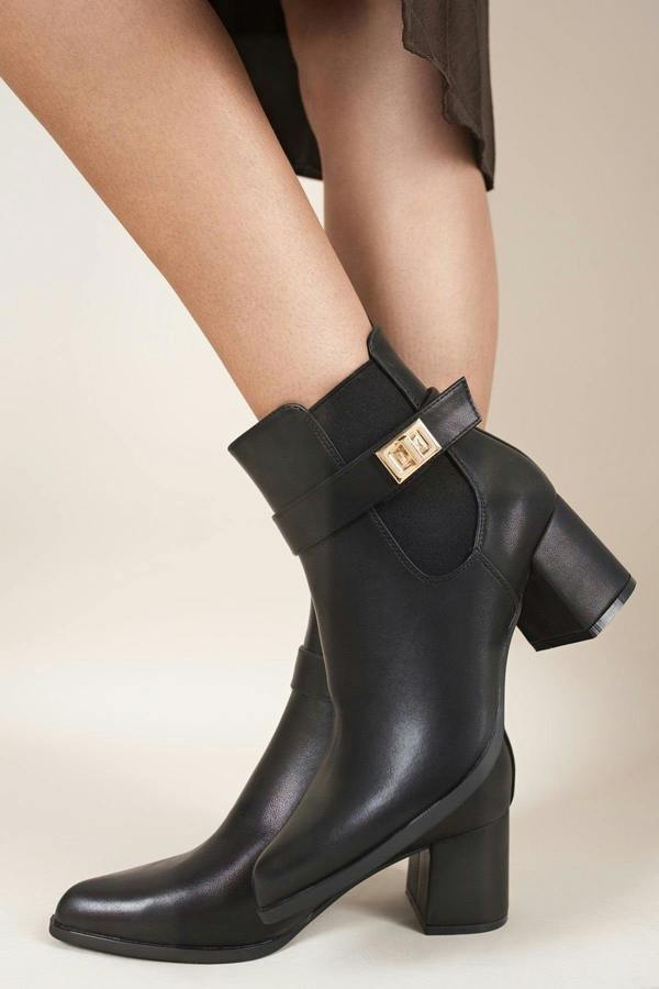 Noeme Side Zip Block Heel Ankle Boots With Buckle Strap Detail - Black
