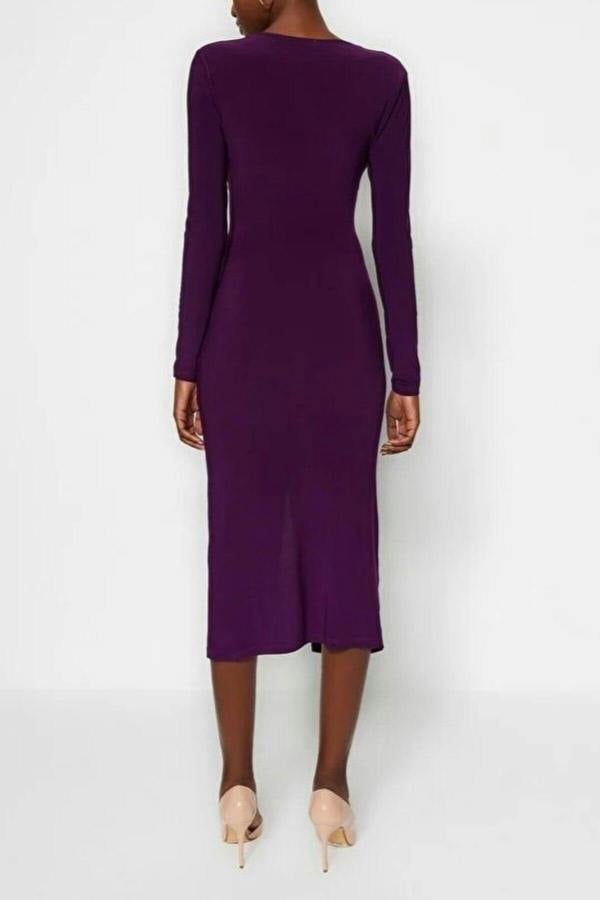 WOVCOR Draped V-Neck Midi Knit Pencil Dress