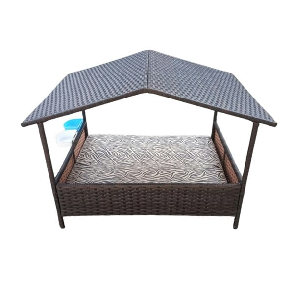 Furniture One Outdoor Rattan Wicker Dog House with Canopy, Outside Dog Shelter with Removable Cushion Lounge, Dog Bowl & Washable Cover