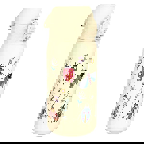 A cream-colored water bottle with a locking lid features colorful insect and floral designs including beetles and stylized flowers scattered across its surface.