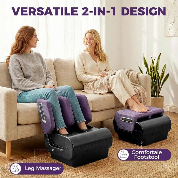 2 in 1 Foot and Calf Massager with Heat, Air Compression, Timer, 3 Modes & Intensities, Purple and Black