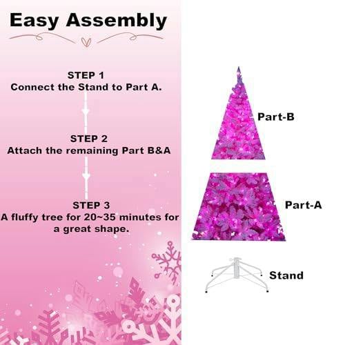 4ft to 8ft Pre-Lit Pink Flocked Christmas Tree with Snowy Finish and Built-In LED Lights image 5